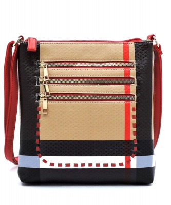 Plaid Check Whipstitch Multi Zip Pocket Crossbody Bag BT2744 RED